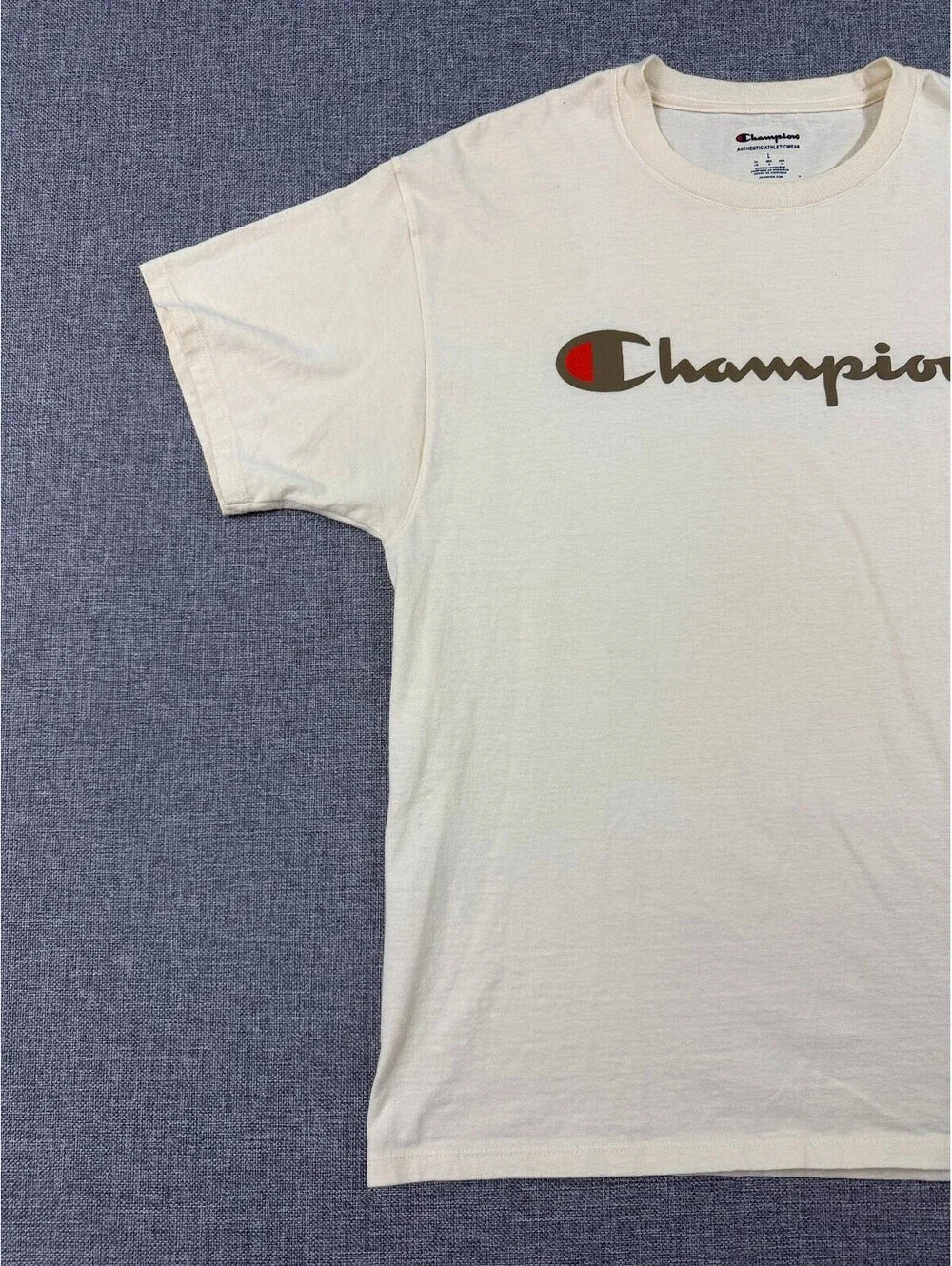 Champion Script Logo T-Shirt Mens Large Cream Spellout Athleticwear